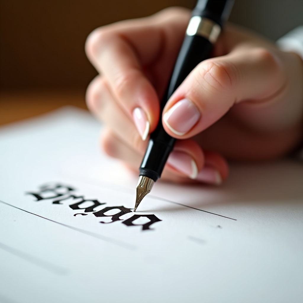 Close-up of a beginner's hand practising calligraphy strokes with a dip pen on lined guide paper