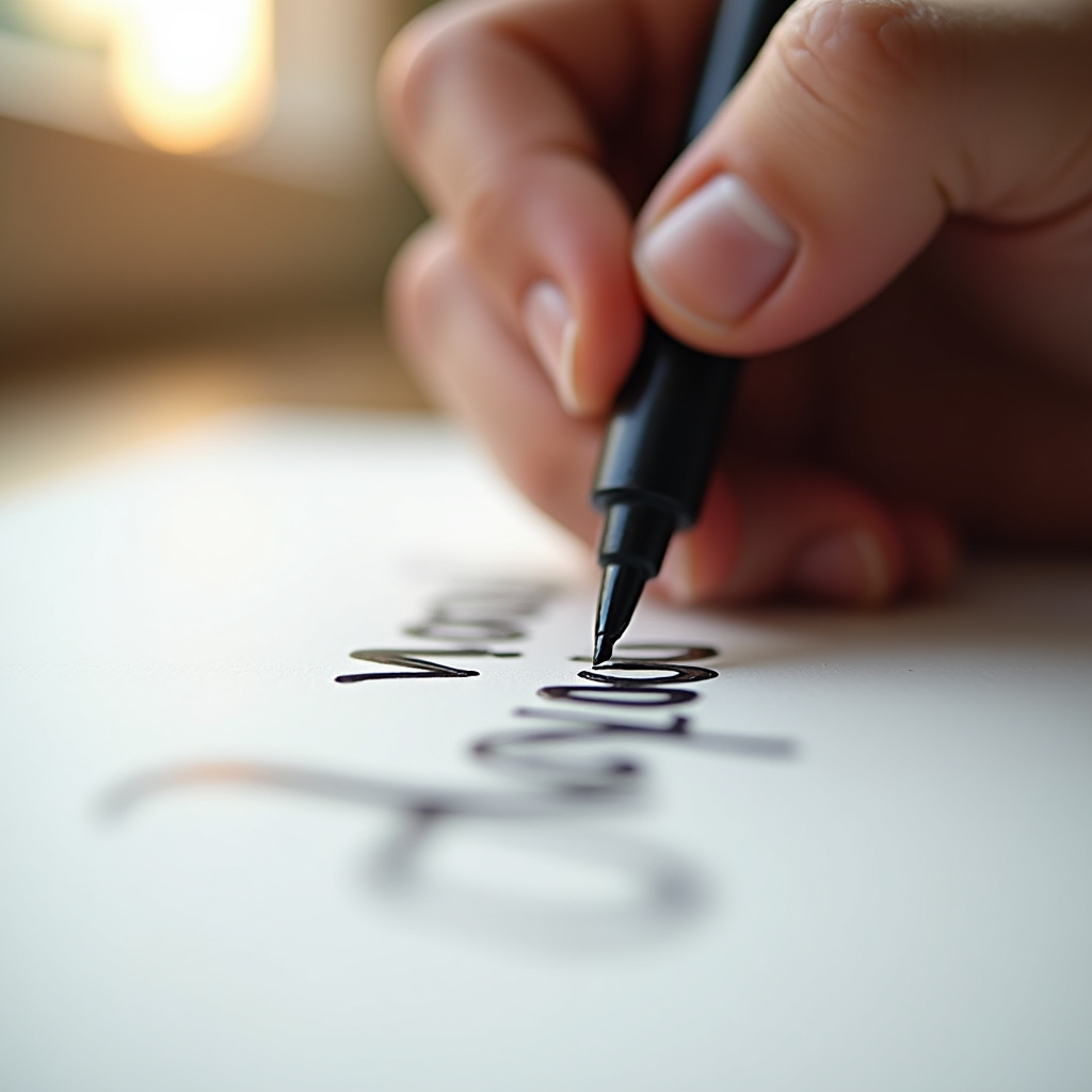 Hand practising modern brush lettering with a flexible brush pen on white paper