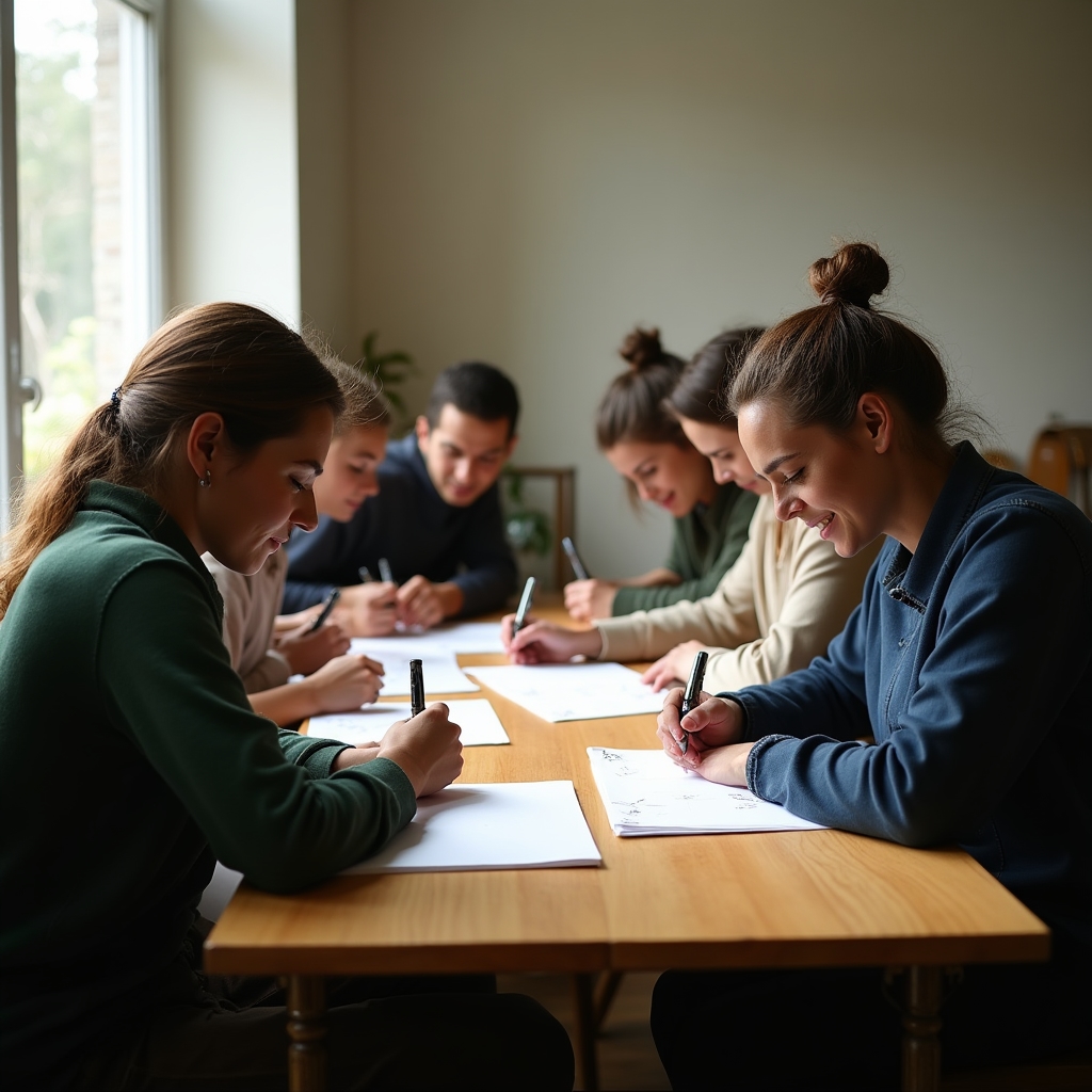 Wide view of a small group calligraphy classroom with participants seated at wooden tables practising letterforms