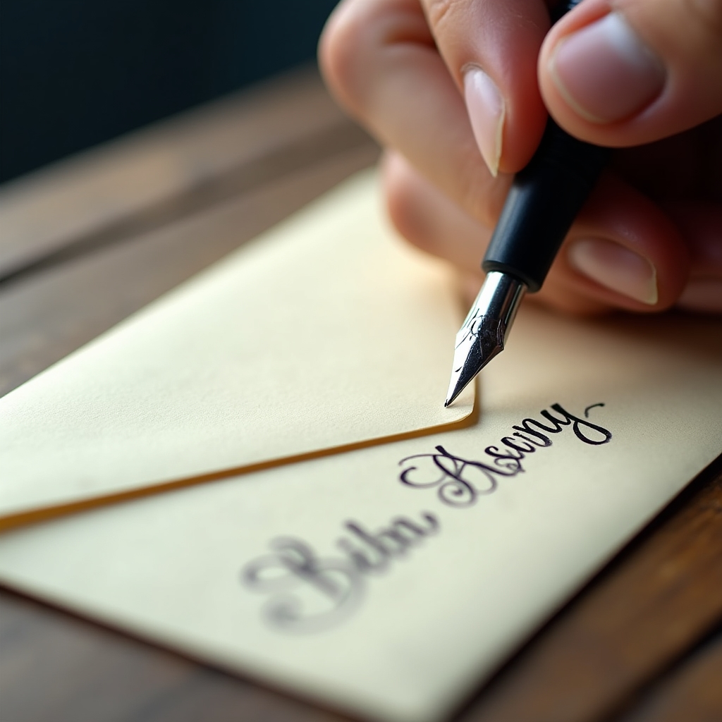 Close-up of a hand addressing an envelope in calligraphy script with a fine-nib dip pen
