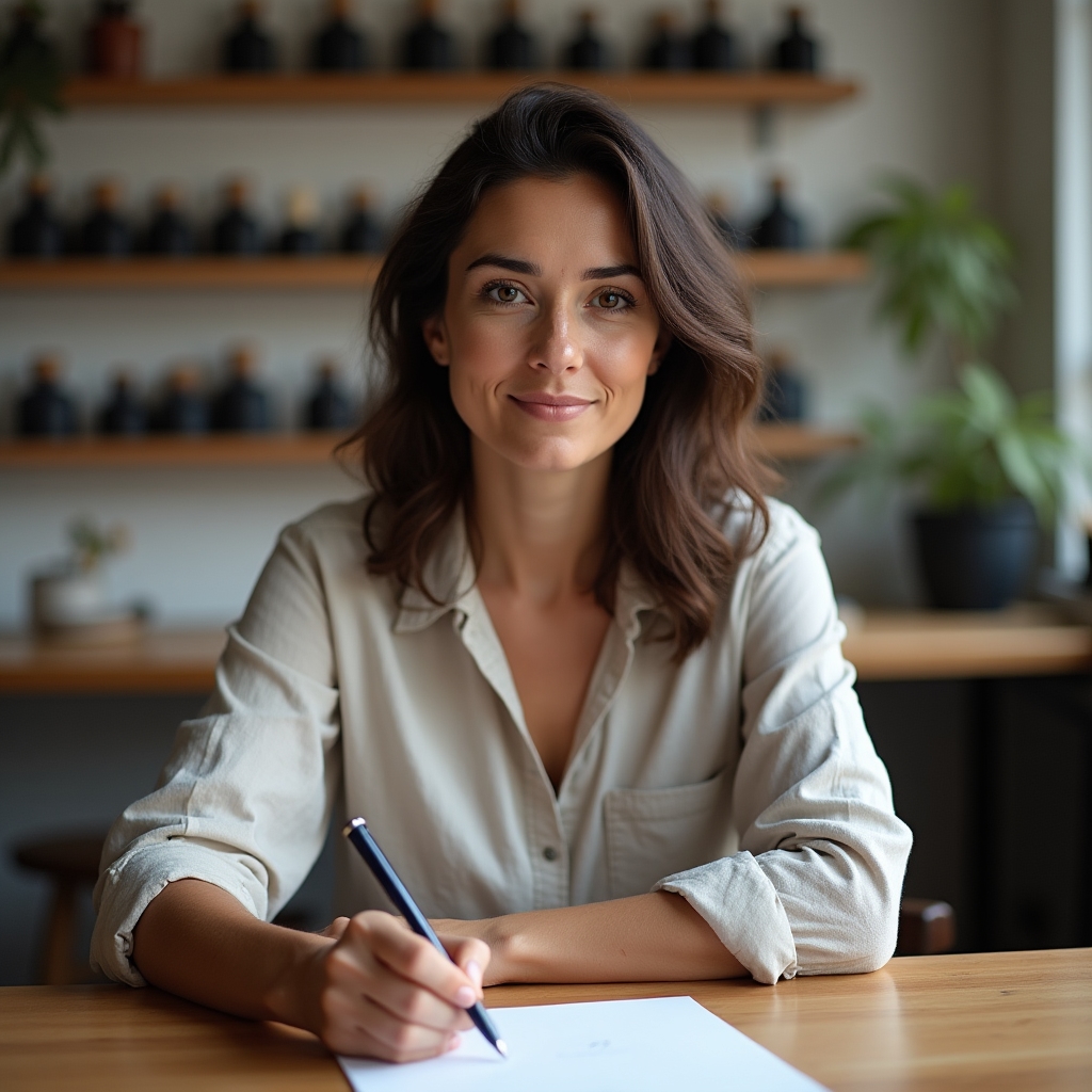 Calligraphy instructor sitting at a wooden desk with pen in hand, looking toward the camera in a quiet studio