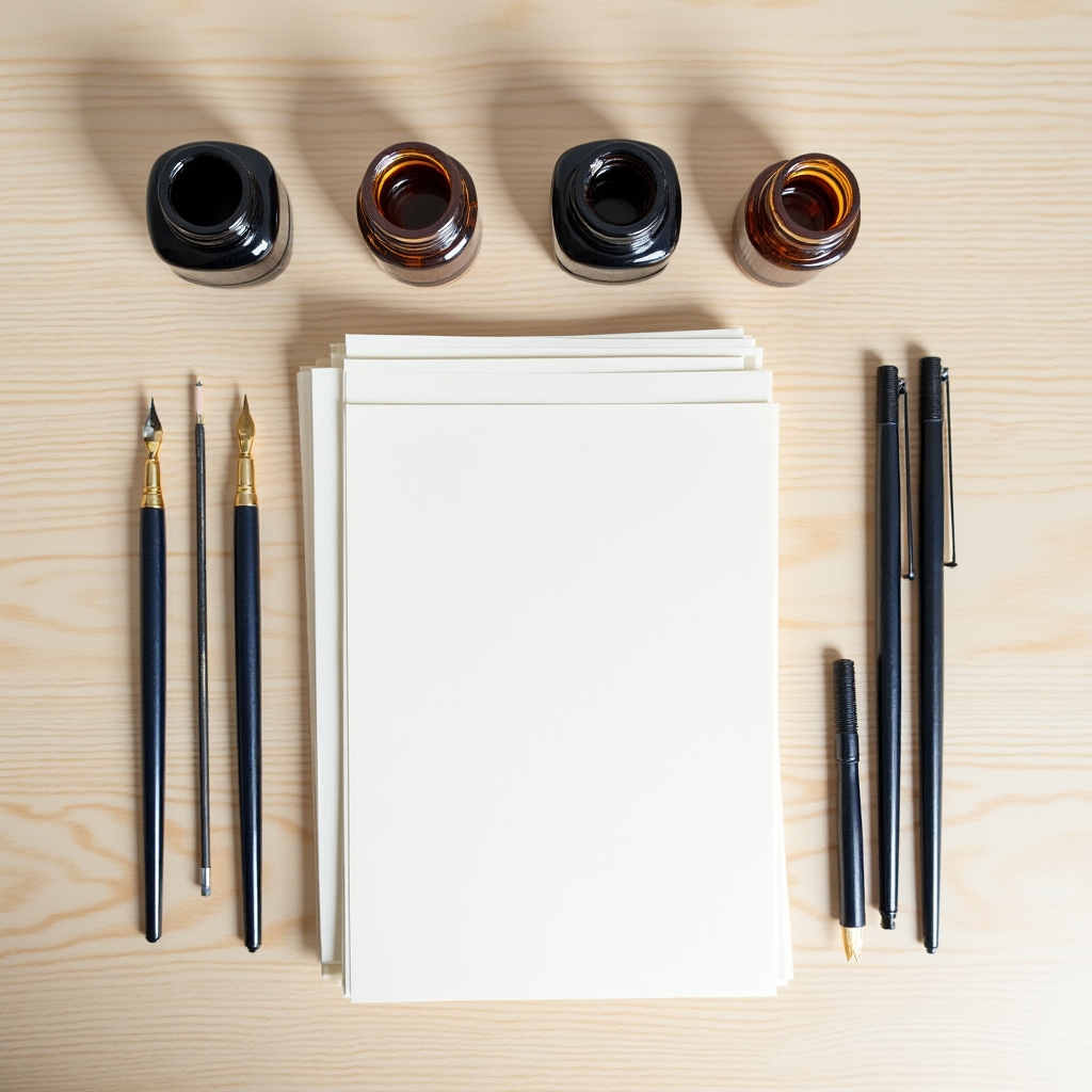 Flat lay of calligraphy nibs, ink bottles and pen holders arranged on a wooden desk