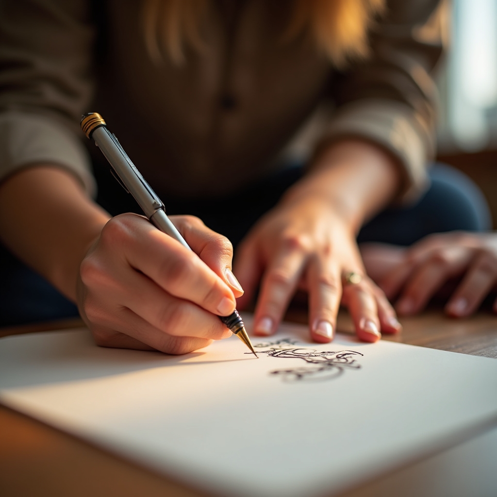 Calligraphy instructor guiding a beginner's hand while she practises a pen stroke