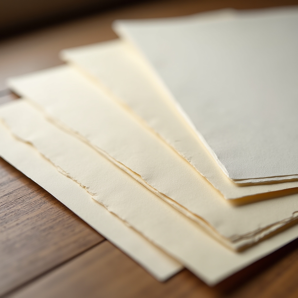 Display of different calligraphy paper samples arranged to show texture and weight differences