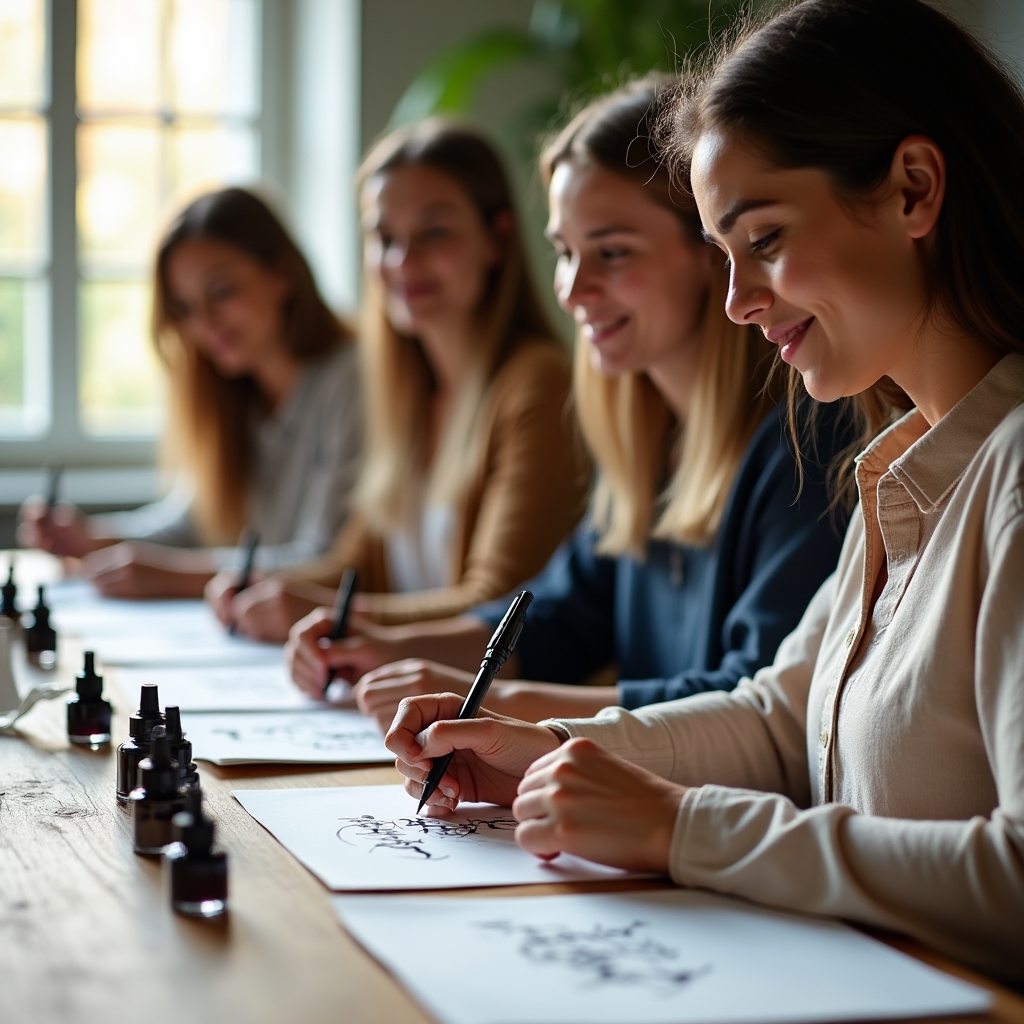 Small group of beginners practising calligraphy strokes together at a shared wooden table