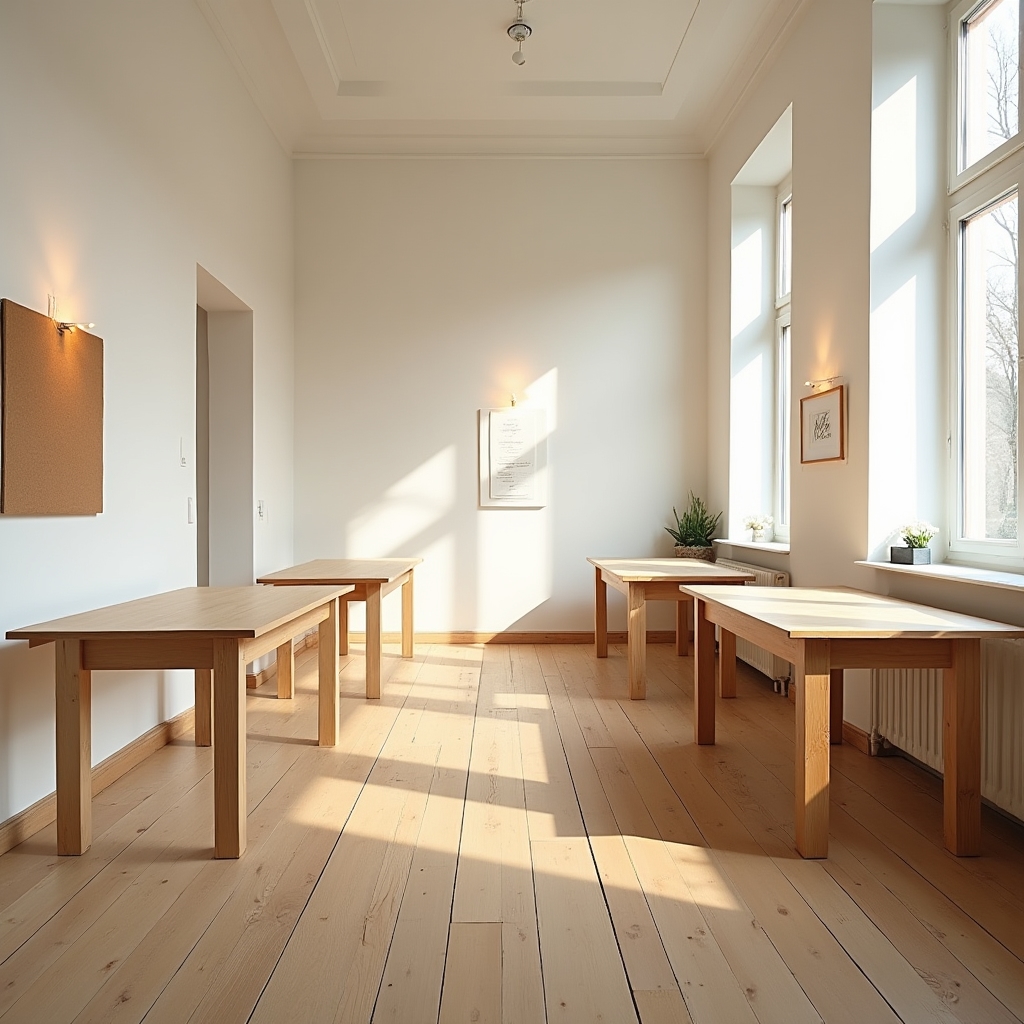 Bright calligraphy studio interior in Innsbruck with wooden tables and natural daylight
